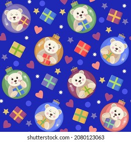 Patrón de vacaciones de Navidad. Los osos de dibujos animados están sosteniendo regalos de Año Nuevo. Ilustración vectorial de bolas de Navidad multicolor. Uso para impresión, textiles, decoración.