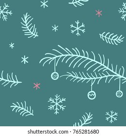 Christmas holidays pattern for gift wrapping. Winter season theme seamless pattern. Green pine branches with Christmas ornaments and snowflakes background. Cute holidays gift paper vector illustration