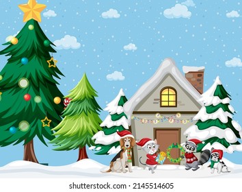 Christmas holidays with pets at home illustration