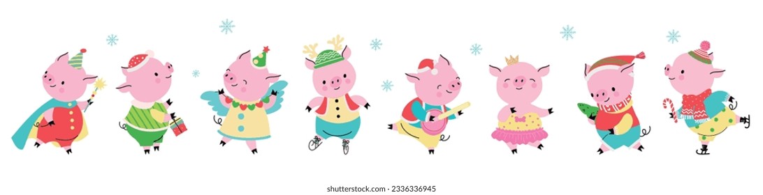 Christmas holidays pigs, new year party pig characters. Winter festive piggy, party dressed animals. Funny xmas characters nowaday vector set