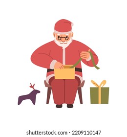 Christmas holidays preparation and celebration. Isolated Santa Claus packing present for kids, Saint Nicholas with gift in box. Vector in flat cartoon style