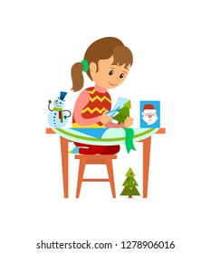 Christmas holidays preparation of girl with cards vector. Child making handmade greeting post, pine evergreen tree and Santa Claus image snowman print