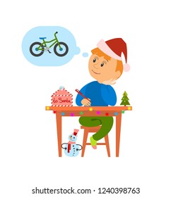 Christmas Holidays Preparation, Letter To Santa Claus Vector. Boy Thinking Of Wish To Make, Kid Writing Mail Dreaming Of New Bicycle. Child With Pine