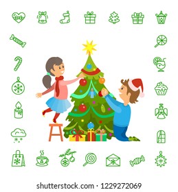 Christmas holidays preparation, tree decoration and isolated icons set vector. Pine decorated with baubles and star. Mail and candle lollipop and cake