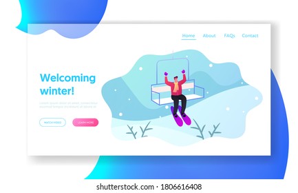 Christmas Holidays Recreation Landing Page Template. Happy Man Wearing Skis Rise to Lift Elevator. Male Character Go Up Hill on Cable Rope Funicular Relax at Winter Resort. Cartoon Vector Illustration