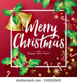 Christmas Holiday's Red Background with Season Wishes and Border Decorated with Holly branches, Stars, Candy Canes, snowflakes and Bells.