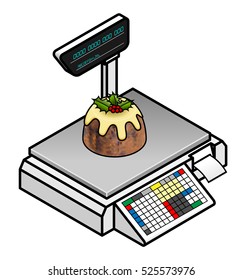 Christmas holidays retail concept: buying a plum pudding on a POS scales.