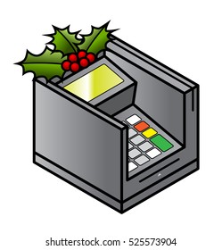 Christmas holidays retail concept: a spring of holly on a POS PIN and card reader terminal.