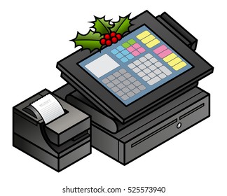 Christmas holidays retail concept: a spring of holly on a POS cash register.