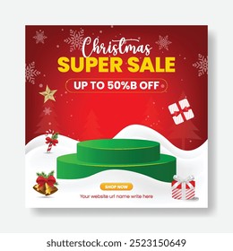 Christmas holidays sale square flyer or poster template, new year festival celebration party social media post, banner, ad design for Christmas sale discount offer banner with 3d podium and 3d snowman