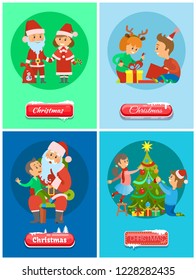 Christmas holidays, Santa Claus and Snow Maiden winter characters vector. Father Frost with kid on lap and making wish. Unpacking gifts, tree decor