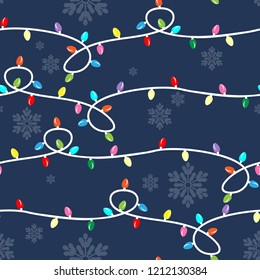 Christmas Holidays Seamless Pattern Of Colorful Christmas Light Bulbs And Snowflakes On Dark Blue Background. Design For Winter Holidays Greeting Season. Vector Illustration.