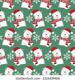 Christmas holidays seamless pattern of cute polar bear wear Santa hat and red scarf with snowflakes on green background. Design for winter holidays greeting season wrapping papers etc.