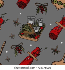 Christmas Holidays seamless pattern on grey background. Christmas decoration elements
