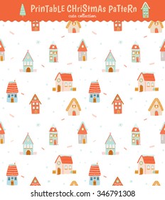 Christmas holidays seamless pattern with winter character houses. Vector illustration. Stylish New Year and Christmas background