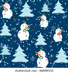 Christmas holidays seamless pattern with xmas tree, happy snowman, birds and snowfall on dark indigo blue background.
