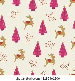 Christmas holidays seamless vector background for women girl. Trees reindeer stars. Hand drawn pattern pink white gold. For fabric, gift wrap, poster, greeting card, party invitation, decor, paper