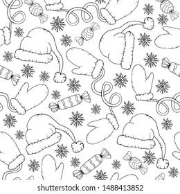 Christmas holidays seamless vector background with Santa's hats and mittens, candy, gifts, snowflake. Cute fun seamless pattern with winter holiday symbols. Black and white, monochrome line design. 