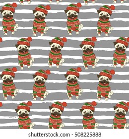 Christmas holidays seamless vector pattern with a funny pug in sweater and winter hat