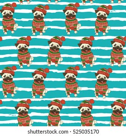 Christmas holidays seamless vector pattern with a funny pug in sweater and winter hat