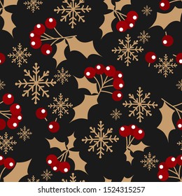 Christmas holidays season seamless pattern of cute holly berries with snowflakes on black background. Vector illustration.