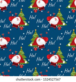 Christmas holidays season seamless pattern of Santa Claus holding red bag with gift boxes, Christmas tree, star and Ho! Ho! Ho! text on blue background. Vector illustration design for greeting season.