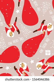 Christmas holidays season seamless pattern of Santa Claus holding red bag with gift boxes, Christmas tree, star and Ho! Ho! Ho! text on grey background. Vector illustration design for greeting season.