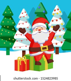 Christmas holidays, seasonal events in winter. Happy Santa Claus greeting and gesturing. Presents in boxes on snowy ground. Pine with garlands and baubles, xmas mood celebration greeting card vector