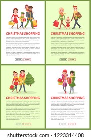 Christmas holidays shopping of family and friends vector. Woman strolling and buying presents, children with parents and bought paper packages gifts