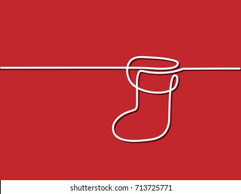 Christmas holidays sock on red background. Continuous line drawing. Vector illustration