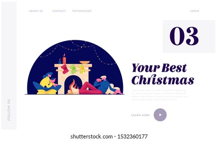 Christmas Holidays Spare Time at Home Website Landing Page. Happy Couple Man and Woman Sitting at Room with Burning Fireplace Drinking Tea, Xmas Night. Flat Vector Illustration Web Page Banner