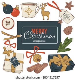 Christmas holidays symbolic elements, presents with bow, decorative bells and wishes on paper. Cup of tea or coffee, mistletoe leaves, gingerbread cookies and bauble for decor. Vector in flat