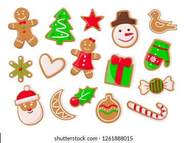 Christmas holidays symbolic isolated icons of gingerbread cookies vector. Snowman and pine tree evergreen spruce, heart and candy lollipop stick mistletoe