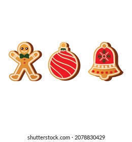 Christmas holidays symbolic isolated icons of gingerbread cookies vector. Snowman, bell and Christmas ball.