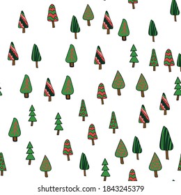 Christmas holidays template. Red, green Christmas trees, pattern Forest background