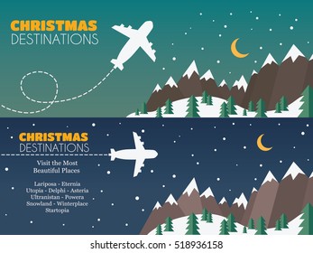 Christmas holidays travel destinations banner. Winter nature landscape with an airplane flying above in the snowy sky. Night flight over the mountains cartoon design illustration.