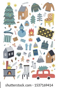 Christmas holidays vector illustration set. Cute winter elements, home objects and decorations