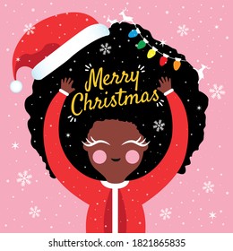 Christmas holidays vector illustration/greetings card with black cute girl wearing santa claus hat