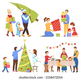 Christmas holidays vector, isolated characters preparing for New Year celebration. Family buying pine tree, man with kids decorating spruce. Father and mother with kid packing presents and cooking