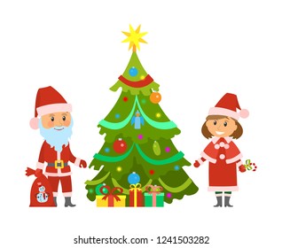 Christmas holidays, winter characters Santa Claus and Snow Maiden vector. Evergreen pine decorated with baubles shiny garland. Father Frost with bag