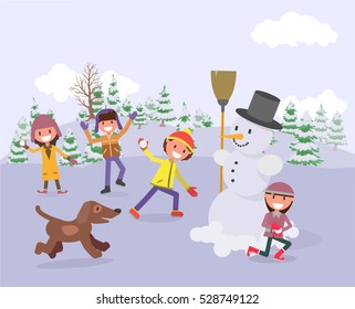 Christmas Holidays. winter fun, kids play around a snowman, throw snowballs. vector illustration, flat design style