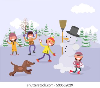 Christmas Holidays. winter fun, kids play around a snowman, throw snowballs. vector illustration, flat design style