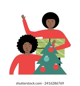 Christmas holidays, winter mood, gifts in the hands of a boy. African American man and woman, family celebrating holidays. Ready vector illustration isolated on white background.