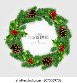 Christmas holidays. Christmas wreath on wooden texture background.
