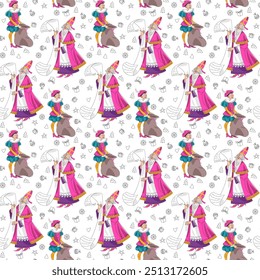 Christmas in Holland. Sinterklaas (Saint Nicholas) holds a list and his helper with a bag of gifts for children. Seamless background pattern. Vector illustration   

