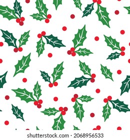 Christmas hollies winter berries seamless repeat pattern background for wallpaper, fashion print, textile pattern, scrapbooking, invitation, christmas card, decoration, festive, traditional, simple