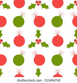 Christmas holly and baubles pattern. Vector illustration