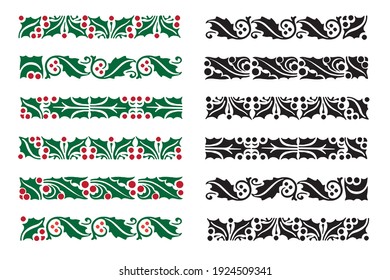 Christmas holly berries border pattern set isolated