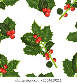 Christmas Holly Berries Branch. Holiday Happy Print. Vector	
