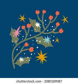 Christmas Holly Berries Branch With Starry Childish Cartoon Doodle Boho Naive Funky Handdrawn Style Art Vector 